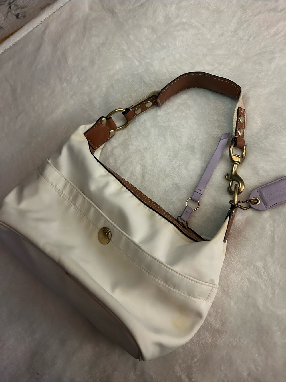 Coach Cream Shoulder Bag with Brown Leather Strap and Lilac Tag